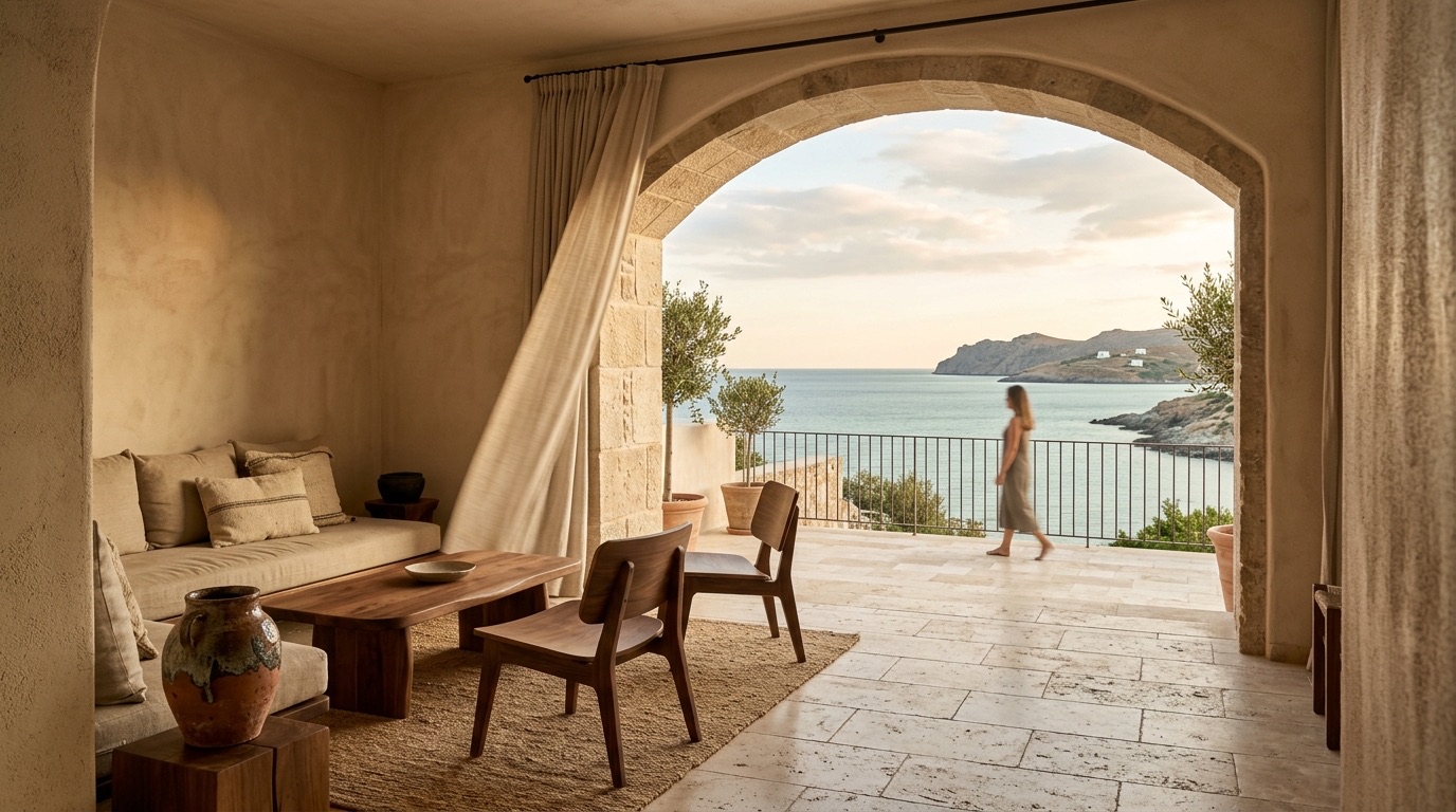 Mediterranean hotel lounge opening onto a sea-facing terrace
