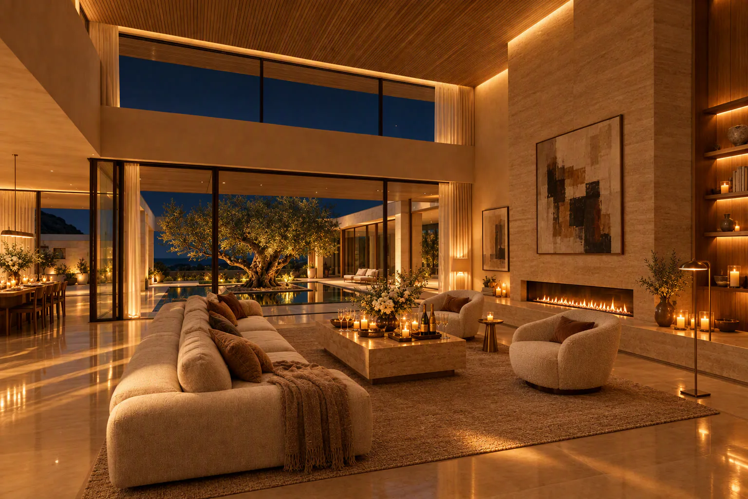A living area shown in daylight and as a warm evening scene
