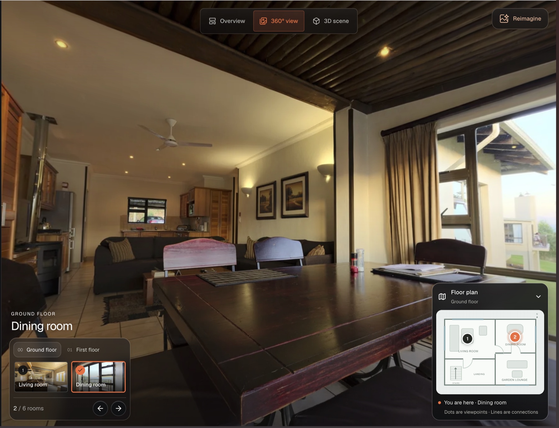 Splatr 360° dining room view with room navigation, floor selection, floor-plan map and Reimagine