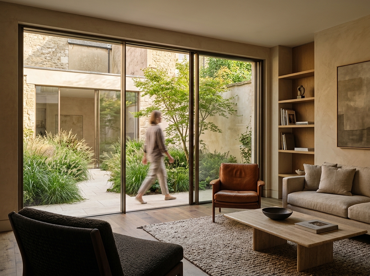 Warm living room opening onto a planted courtyard, with a resident walking outside