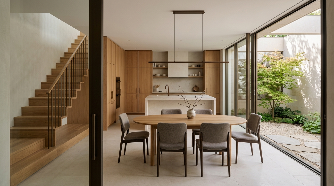 Oak dining room and limestone kitchen beside a sunlit courtyard