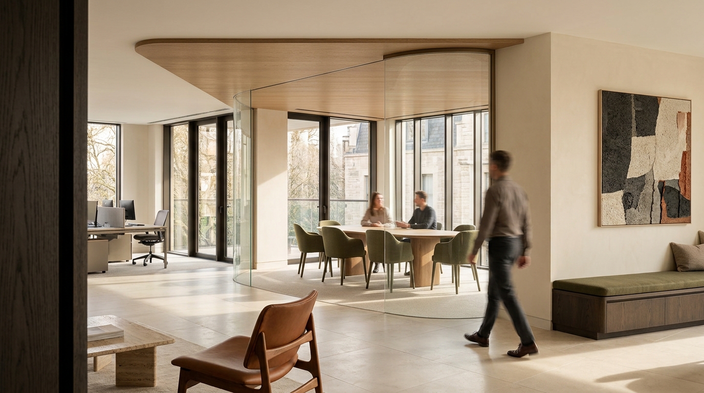 Contemporary office with a curved glass meeting room and colleagues at work