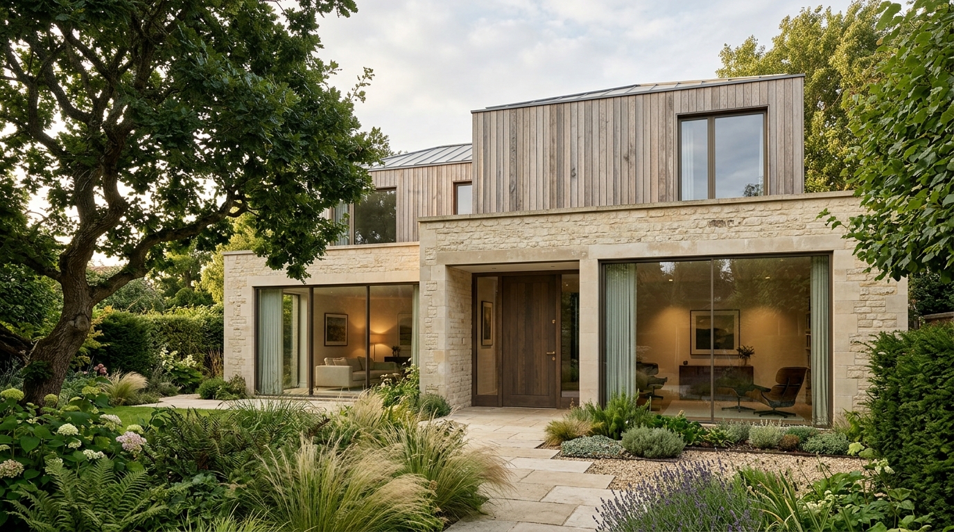 Contemporary stone and timber residence framed by mature trees and a landscaped garden